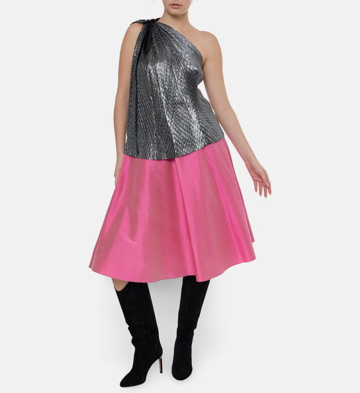 Blue For Burgundy Contrasting Belt A-line Midi Skirt, Model View