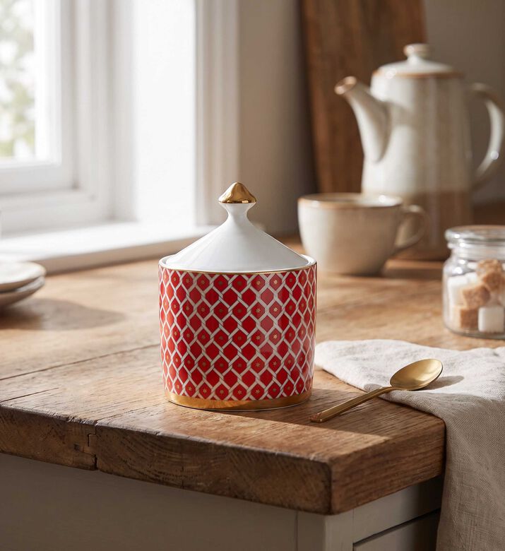 Imperial Gold-toned Knob Red Lattice Sugar Pot, Packshot View