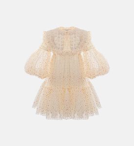 فستان ذهبي تول مخيط يدويًا ومطرز بخرز