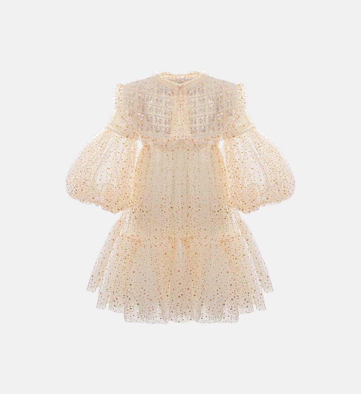 فستان ذهبي تول مخيط يدويًا ومطرز بخرز