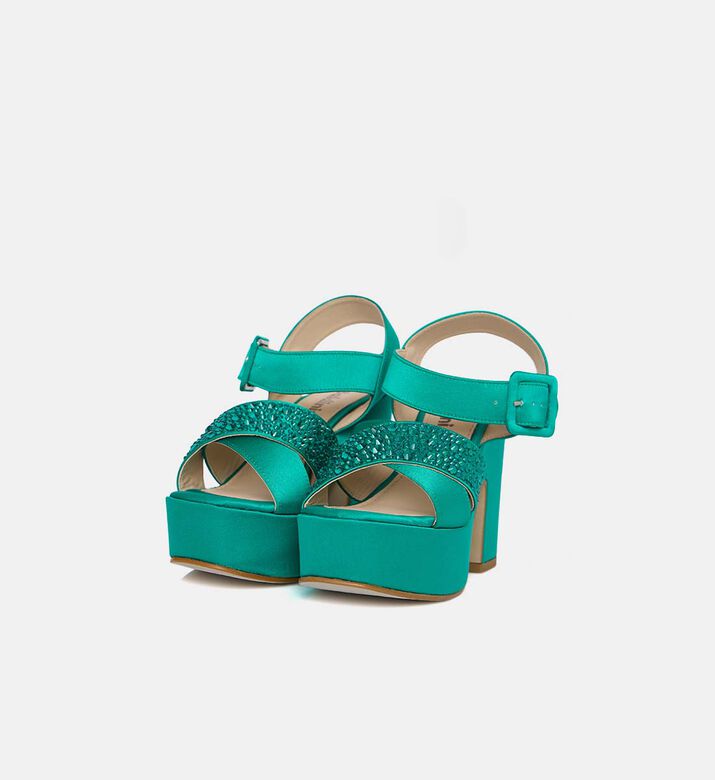 Teal Satin Embellished Platform Sandals