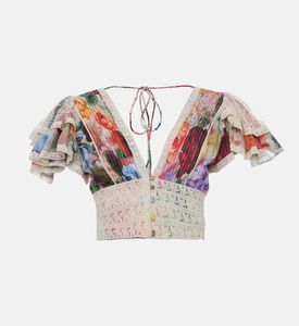 Floral Ruffled Sleeves Button-front Crop Top