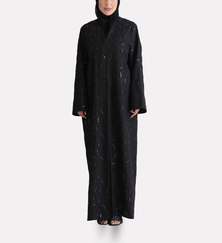 BANOU Sequined Paisley-embroidery Straight-cut Abaya, Model View
