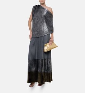 Blue For Burgundy Metallic Pleated Panels Knit Maxi Skirt, Model View