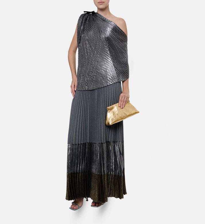 Blue For Burgundy Metallic Pleated Panels Knit Maxi Skirt, Model View