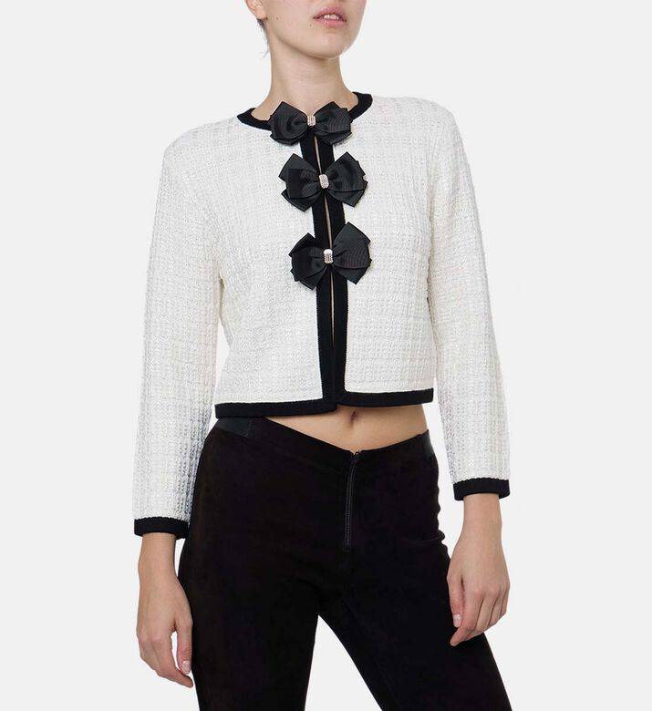 Alice and Olivia Akira Rib-knit Bow Cardigan, Model View