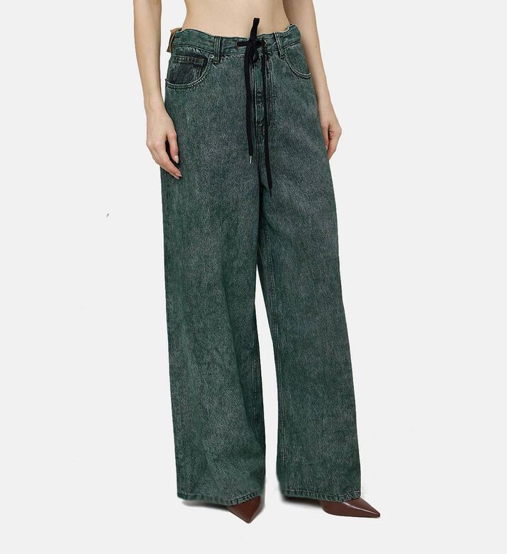 5-pocket Faded Denim Wide Leg Trousers With Drawstrings