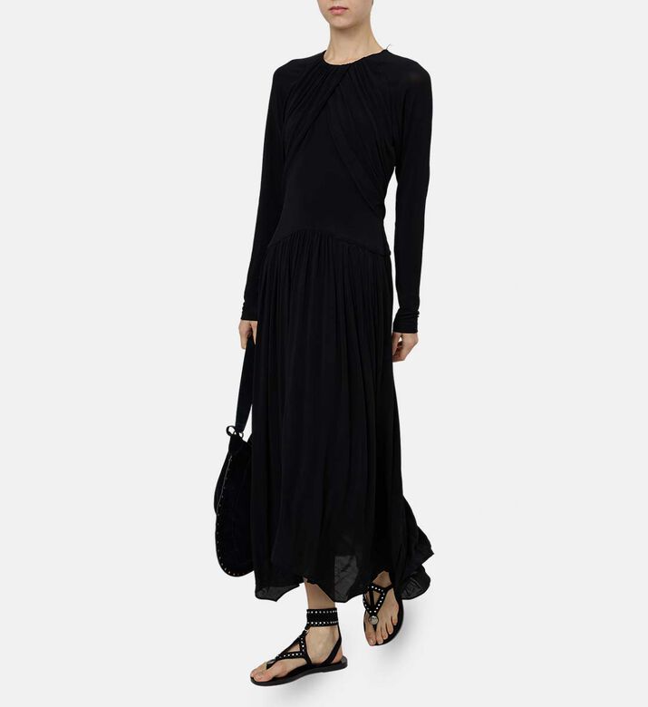 Pleats-detail Long-sleeve Flared Dress