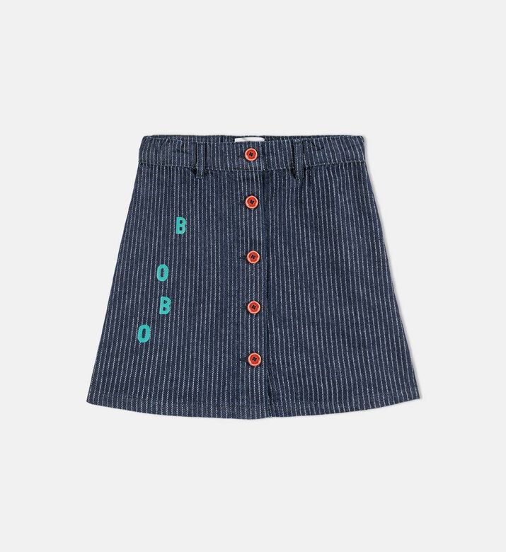 Bobo Choses Embroidered Logo Contrasting Buttons Pinstripe Denim Dress, Packshot View