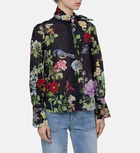 Floral Bird-print Tie-neck Blouse