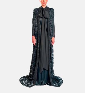 Michael Cinco Floral-embroidery Cape Flared Dress, Black, Xl, Model View