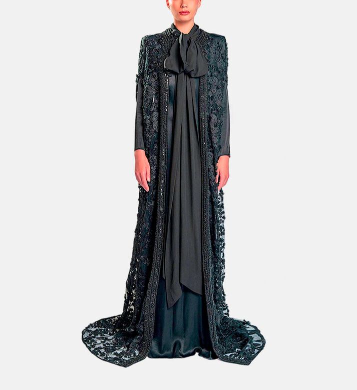 Michael Cinco Floral-embroidery Cape Flared Dress, Black, Xl, Model View