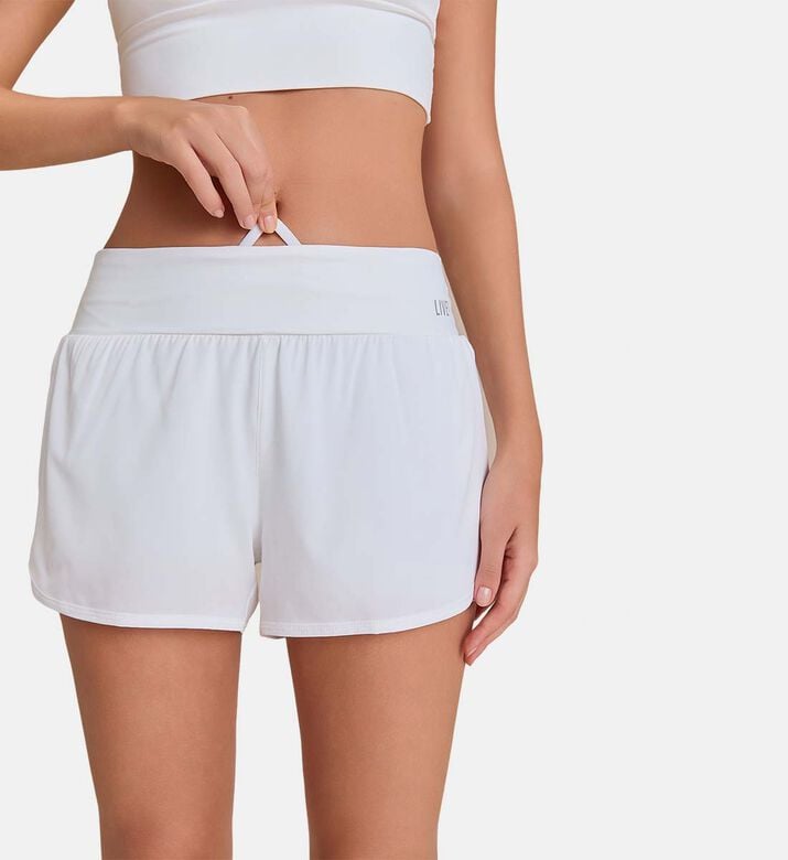 LIVE! Gathered Waist Flared Shorts, White, S, Model View LIVE! Gathered Waist Flared Shorts, White, S, Model View