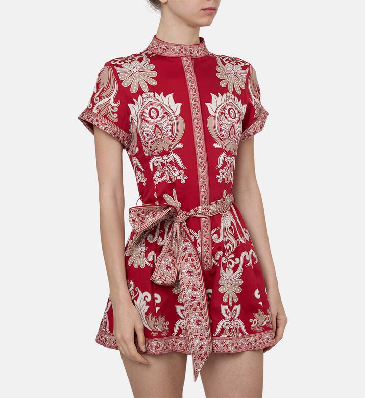 Ornamental-print Self-tie Mini Dress