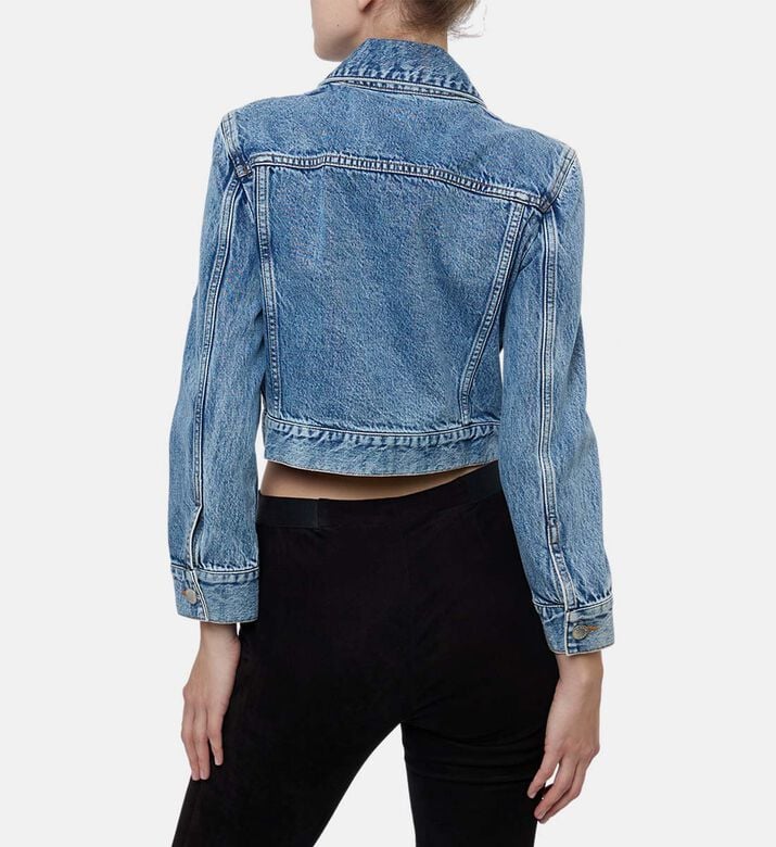 Alice and Olivia Embroidered Long-sleeve Cropped Denim Jacket, Model View