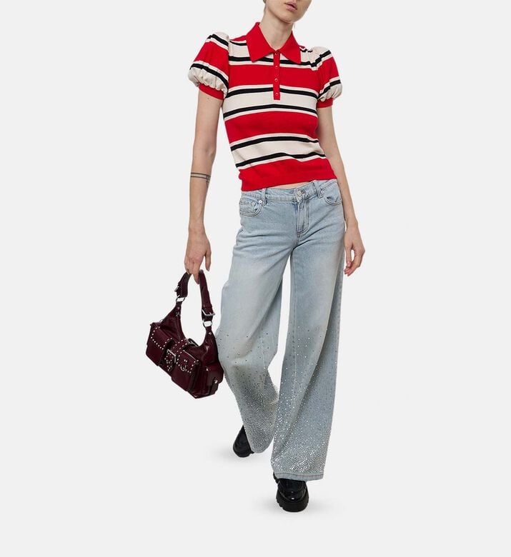 Alice and Olivia Stripe-print Puff Sleeve Top, Model View Alice and Olivia Stripe-print Puff Sleeve Top, Model View