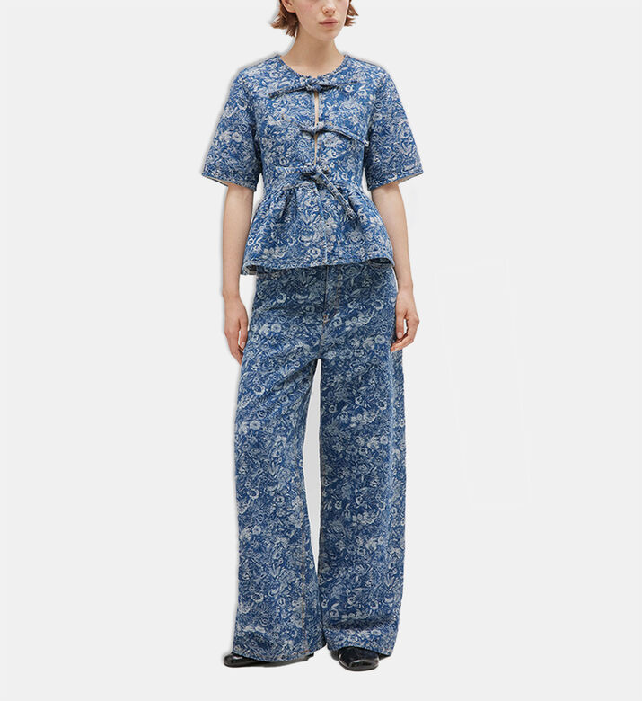 Ganni Floral-embroidery Denim Blouse, Model View