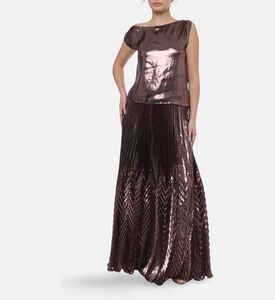 Blue For Burgundy Chevron Pleated Metallic Maxi Skirt, Brown, 38, Model View