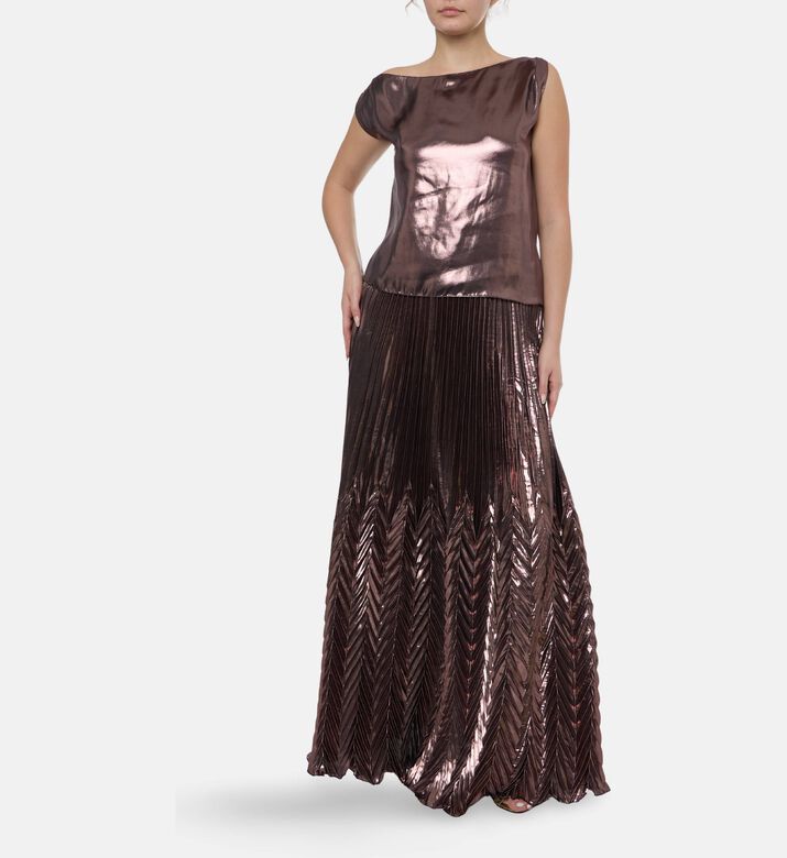 Blue For Burgundy Chevron Pleated Metallic Maxi Skirt, Brown, 38, Model View
