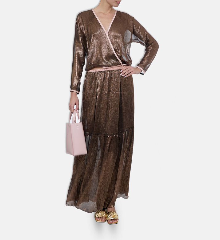 Forte-Forte Crinkled Lam&eacute; Kimono Wrap Top, Brown, M, Model View