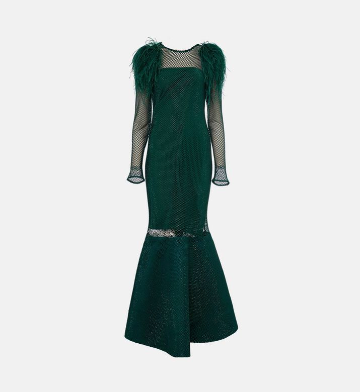 Savanna Eclipse Crystal Feather-trimmed Gown, Green, S-m, Packshot View