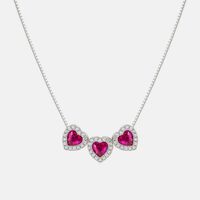 All My Love Triple Heart Red Cubic Zirconia Silver Necklace