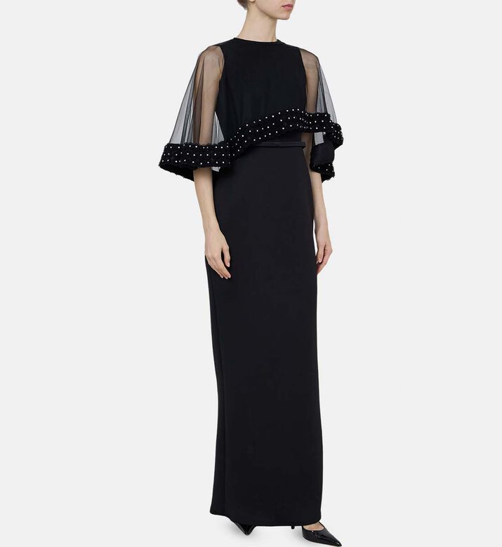 Beaded Sheer Sleeves Flared Dress