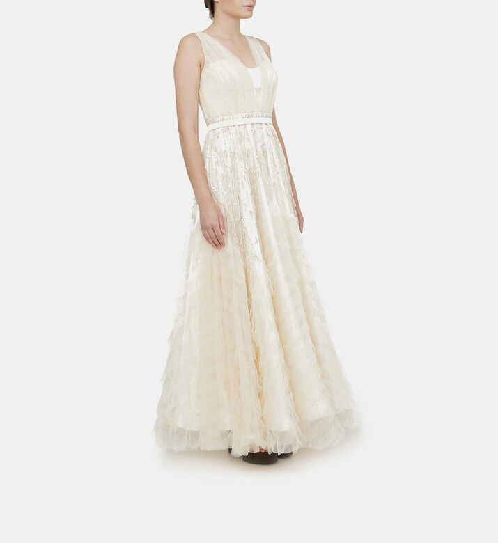 فستان ماكسي واسع بياقة V بأحجار الراين