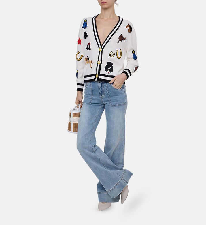 Equestrian Patches Contrasting Stripes Long-sleeve Cardigan