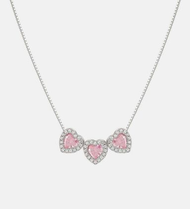 All My Love Triple Heart Pink Cubic Zirconia Silver Necklace