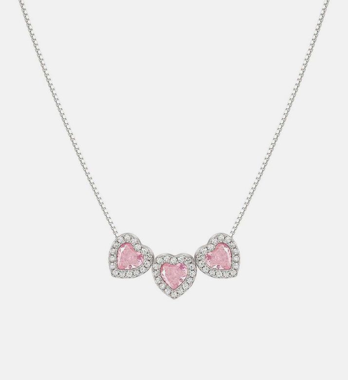 All My Love Triple Heart Pink Cubic Zirconia Silver Necklace