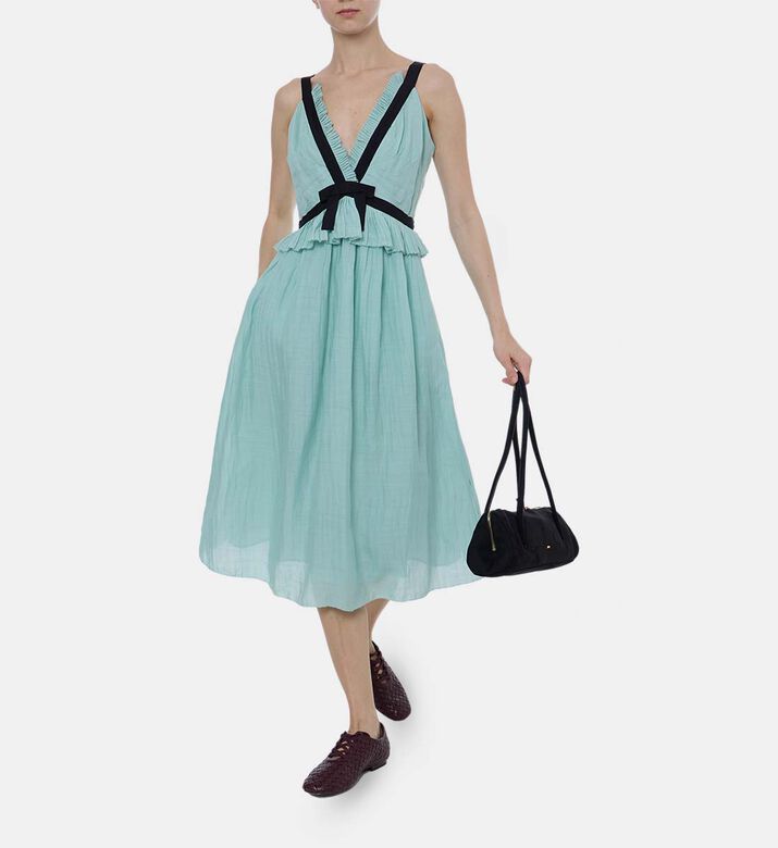 Pleated-detail V-neck Flared Dress