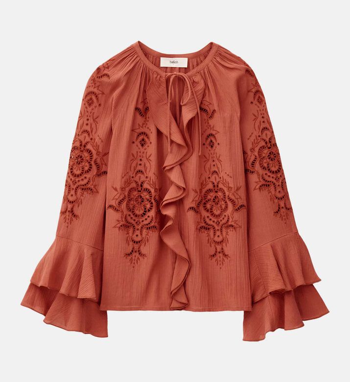 Floral-embroidery Long-sleeve Blouse