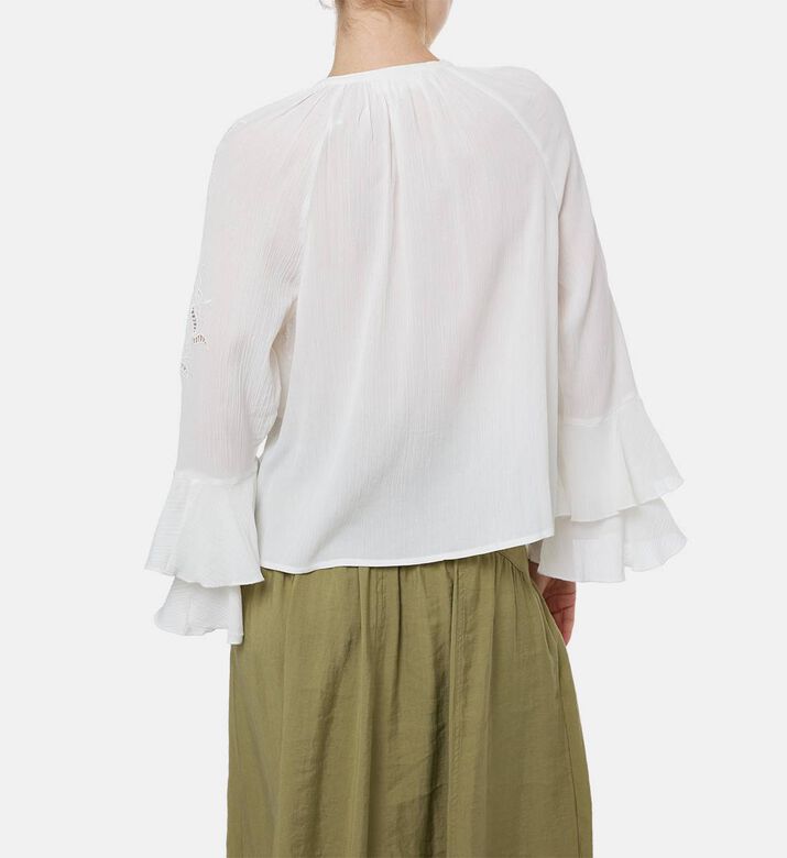 Ba and Sh Floral-embroidery Long-sleeve Blouse, Off-white, S, Model View