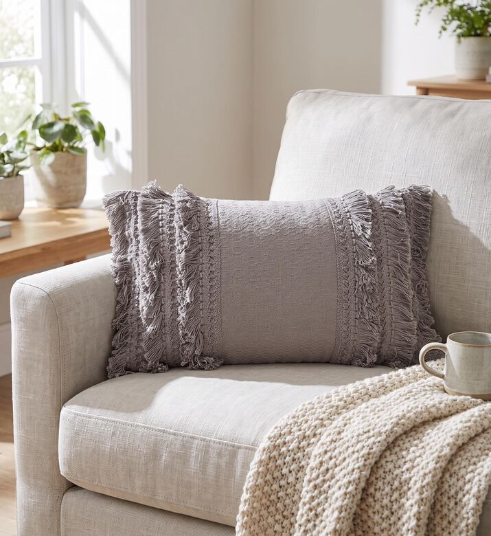 Home Deco and More Swan Fringe Applique Filled And Vaccumed Cushion, Grey, Packshot View