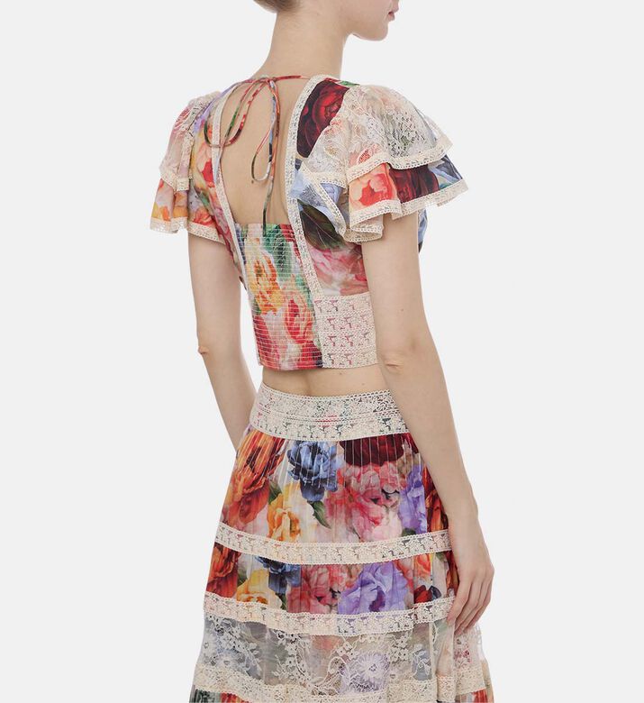 Floral Ruffled Sleeves Button-front Crop Top