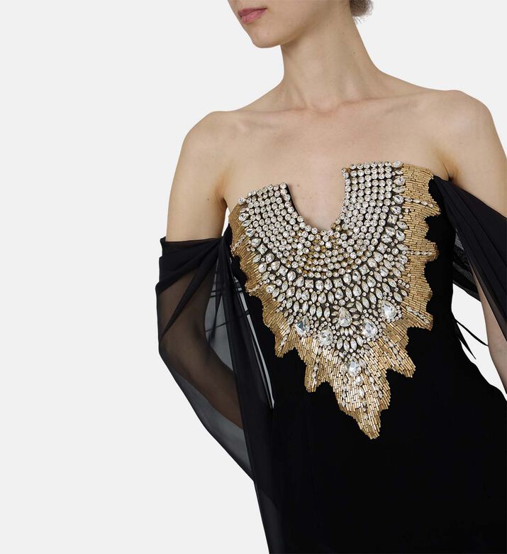 Sheer Draped Sleeves Flared Dress