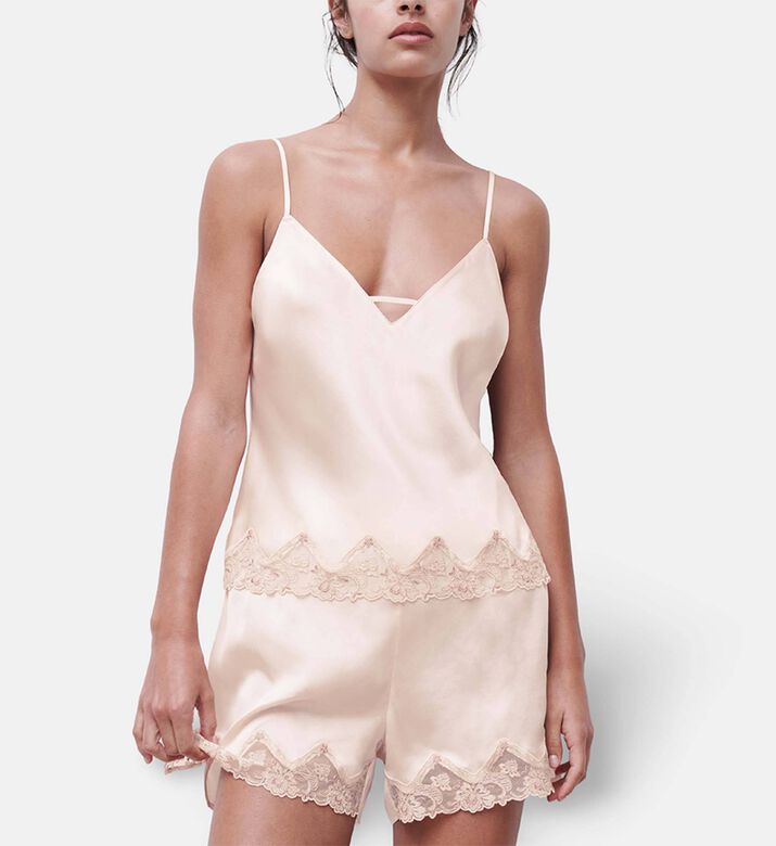 Chantelle Satin Embroidered Flower V-neck Top, Model View