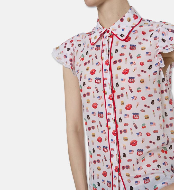 Alice and Olivia Silk Printed Flutter-sleeve Shirt, Model View