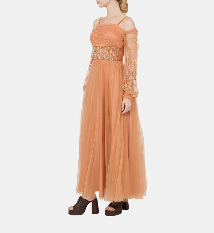 فستان تول مزخرف بالخرز والترتر