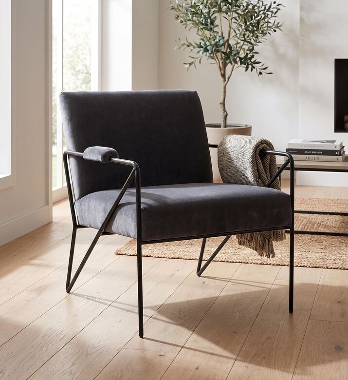 Home Deco and More Oppy Iron Velvet Arm Chair, Grey, Packshot View