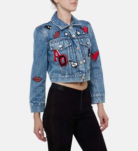 Alice and Olivia Embroidered Long-sleeve Cropped Denim Jacket, Model View