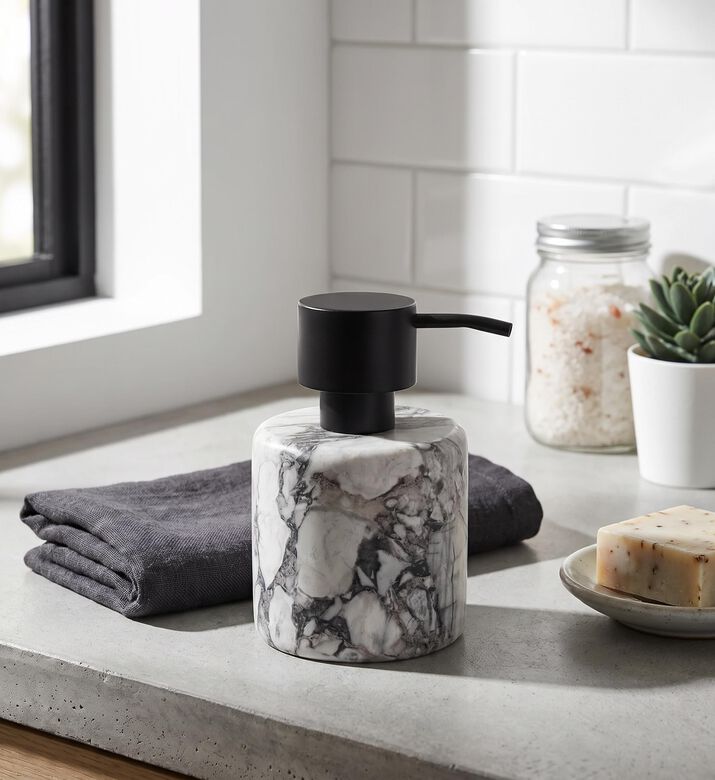Aquanova Nero Natural Stone Soap Dispenser, White, Model View