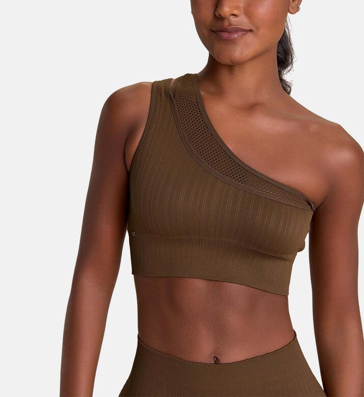 LIVE! Seamless Ribbed Knit Bra, Brown, Xs, Model View