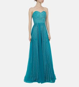 Turquoise Rhinestone Embellished Long Dress