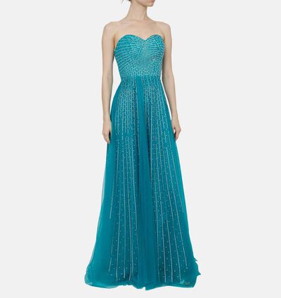 Turquoise Rhinestone Embellished Long Dress