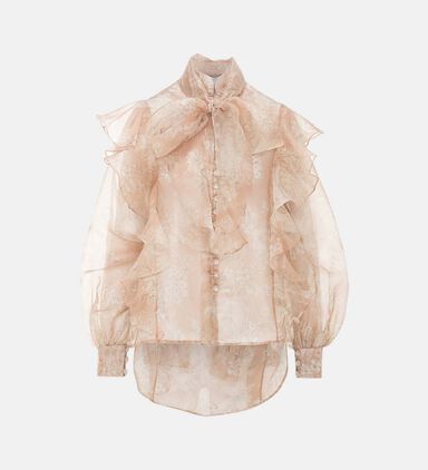 Sheer Floral-print Ruffle Blouse
