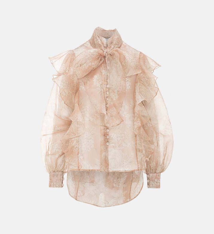 Sheer Floral-print Ruffle Blouse