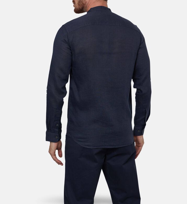 Galeries Lafayette Linen Button-down Stand Collar Shirt, Dark-blue, Xxl, Model View