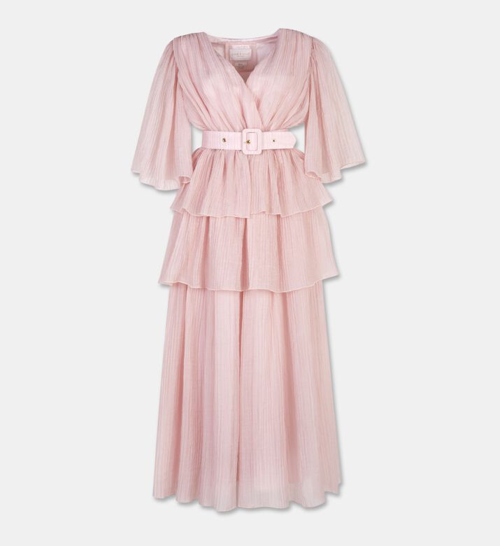 Poca and Poca Tiered Plunging V-neck Belted Maxi Dress, Pink, Xl, Packshot View